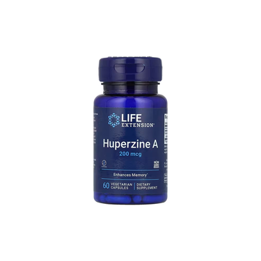 Life Extension offers Huperzine A 200 mcg dietary supplement in a blue bottle containing 60 vegetarian capsules, specifically designed to support cognitive function and memory.